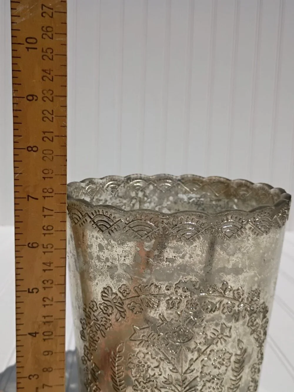 Vintage Glass Vase Floral Embossed Scalloped Rim Made in India Antique Style 7
